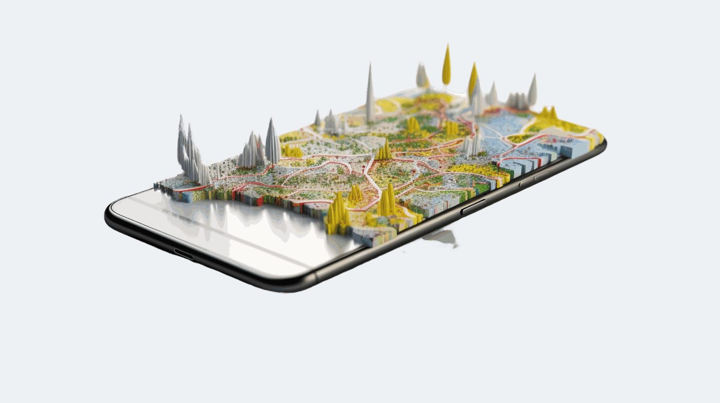 3D city model displayed on a smartphone