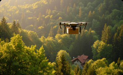 Survey drone flying over a wooded site