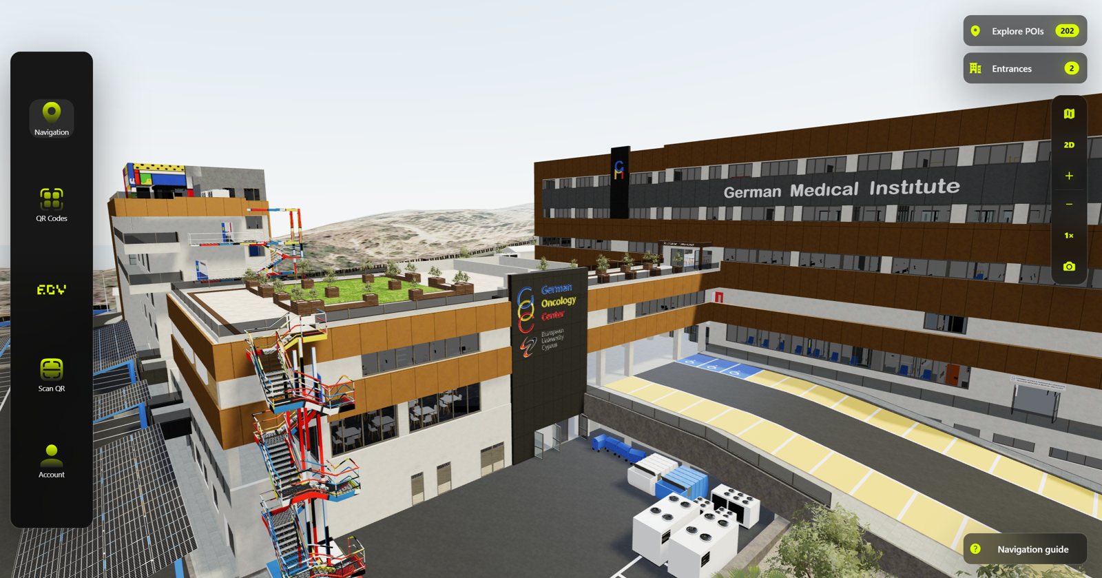 Interactive 3D model of the German Medical Institute and German Oncology Center in Cyprus inside the live navigation app